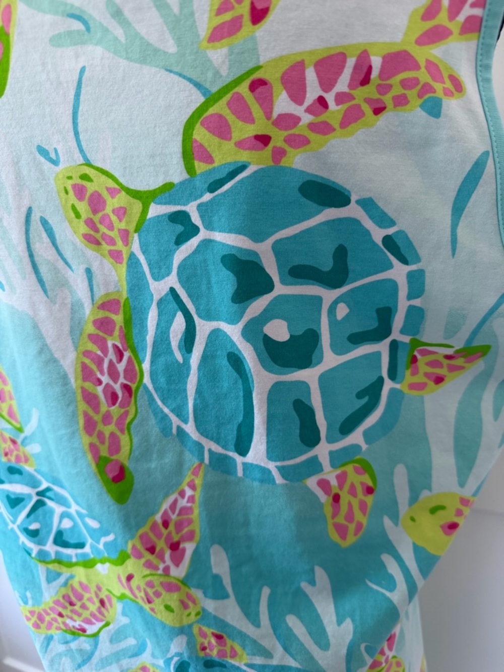 EUC AnaClare Sleeveless‎ Sea Turtle Print Shift Dress in Aqua & Lime, Large - Picture 7 of 9